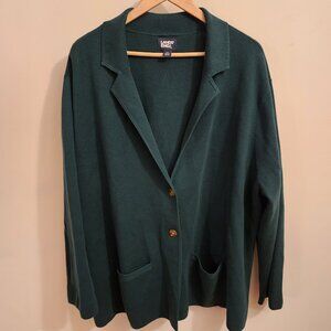 Lands End Sweater Blazer Cardigan Jacket Pockets Women Sz 2X Green Cotton Preppy